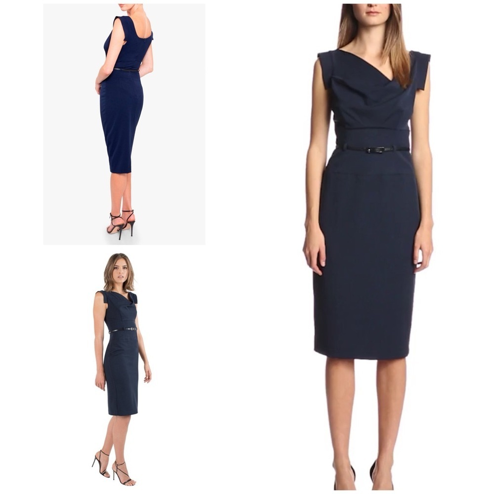 EUC Black Halo Classic Jackie O Leather Belted Navy Blue Cocktail Sheath Dress 4